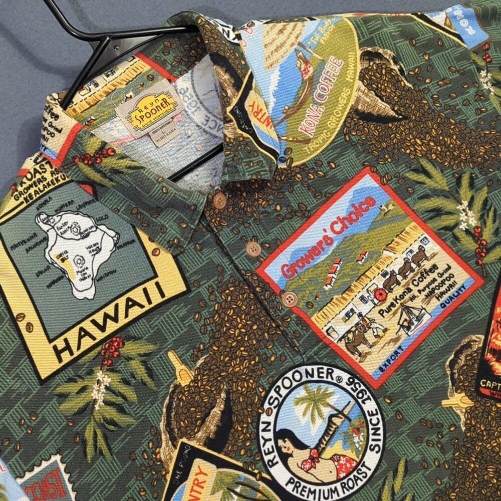 Reyn Spooner Polo Shirt Men's L Multi Hawaii Kona Coffee Cotton Short Sleeve